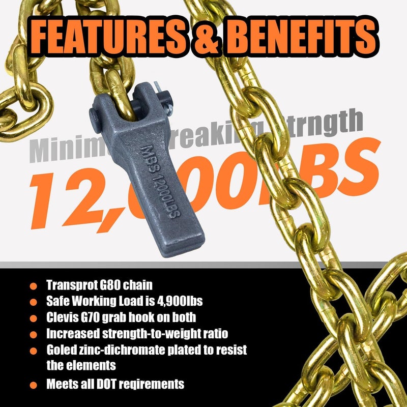 TKK 2-Pack Trailer Safety Chain - 35 Inch Chain with 5/16'' Clevis Snap Hook and Retainer | 21,000 lbs Break Strength | Secure Towing Transport Chains - Image 2